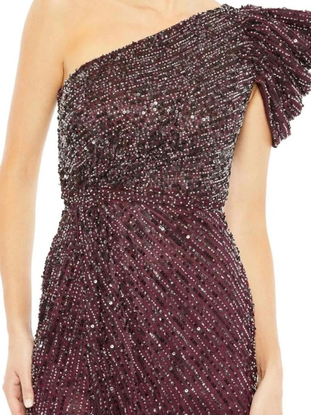 Mac Duggal Blackberry Purple Sequin Puff One Shoulder Gown - Picture 3 of 3